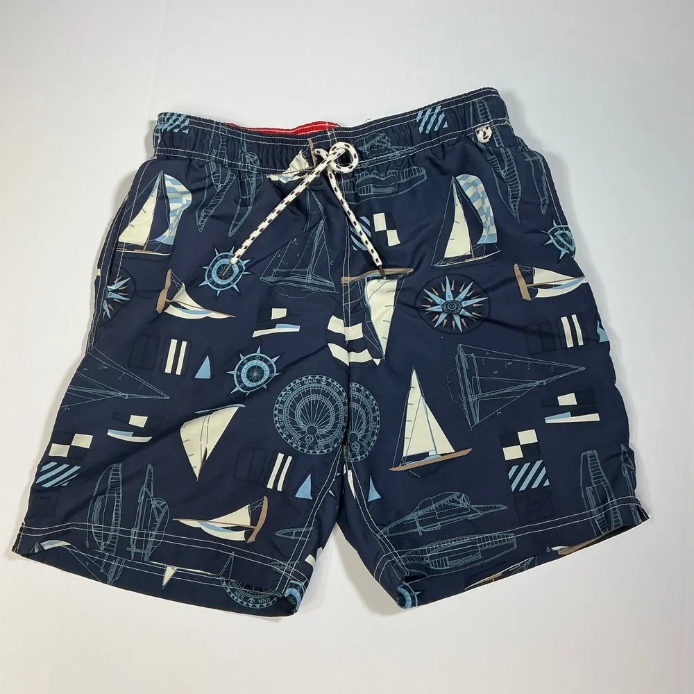 Lands End Nautical Sailboat Swim Trunks Elastic Waist Casual Shorts Medium 32-34